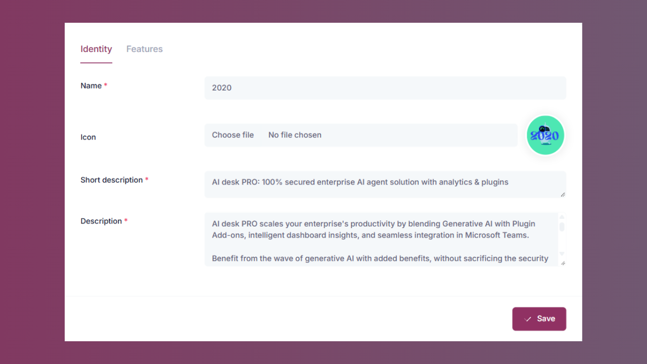The short description shown in the Microsoft Teams app catalog, next to the full agent description