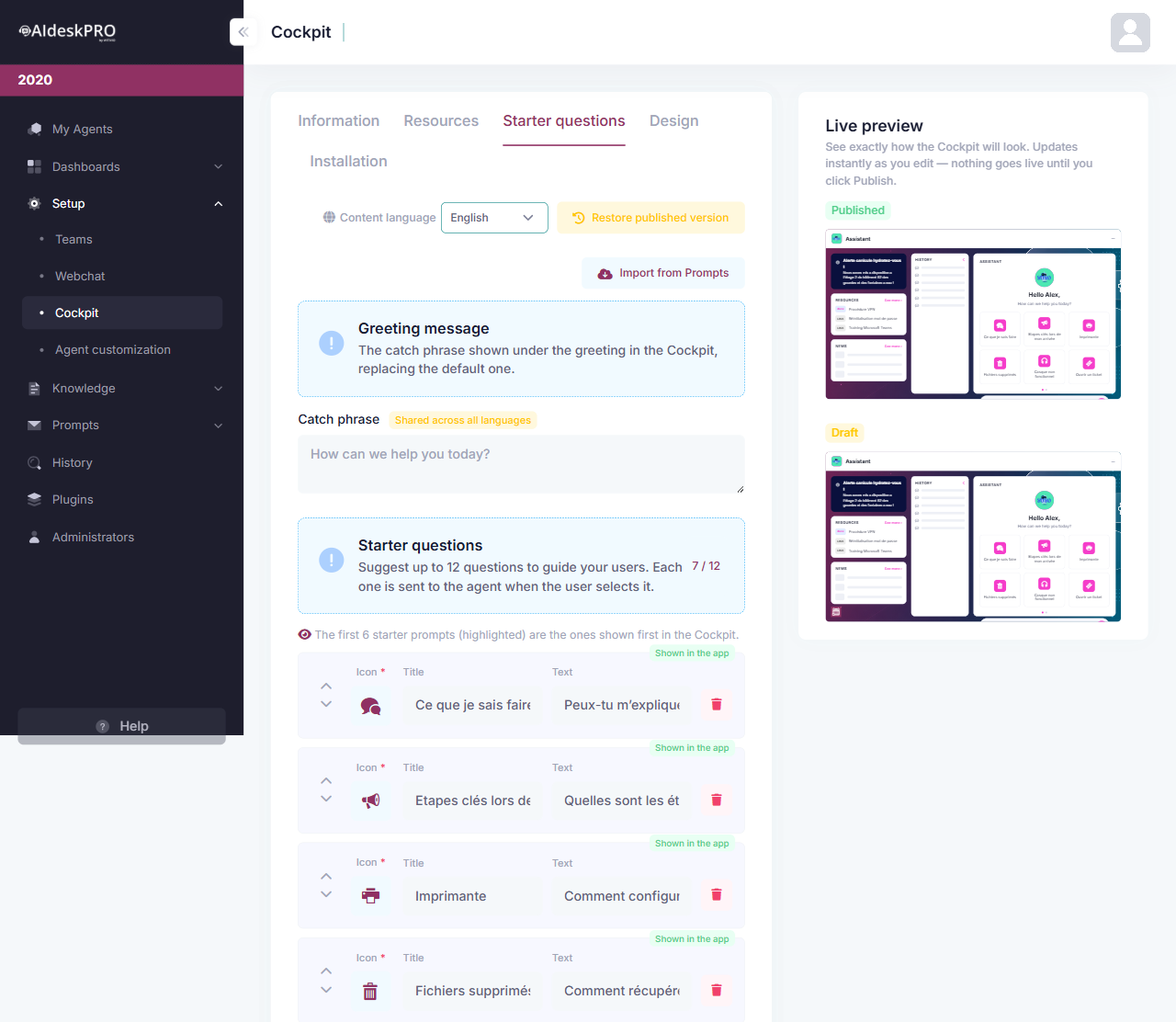 The Cockpit configuration studio in the AI desk Pro admin center, with restore, prompt import, design upload and per-language content selection