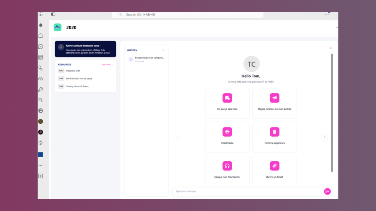 The Cockpit end-user portal in Microsoft Teams, showing the AI chat with starter questions, pinned resources, and conversation history