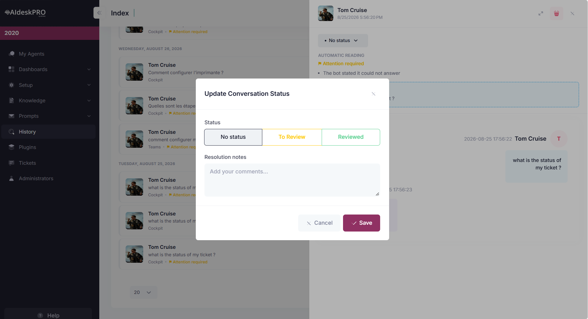 Updating a conversation's status in AI desk Pro Chat History, showing the ⚑ Attention required flags in the list and the Update Conversation Status window