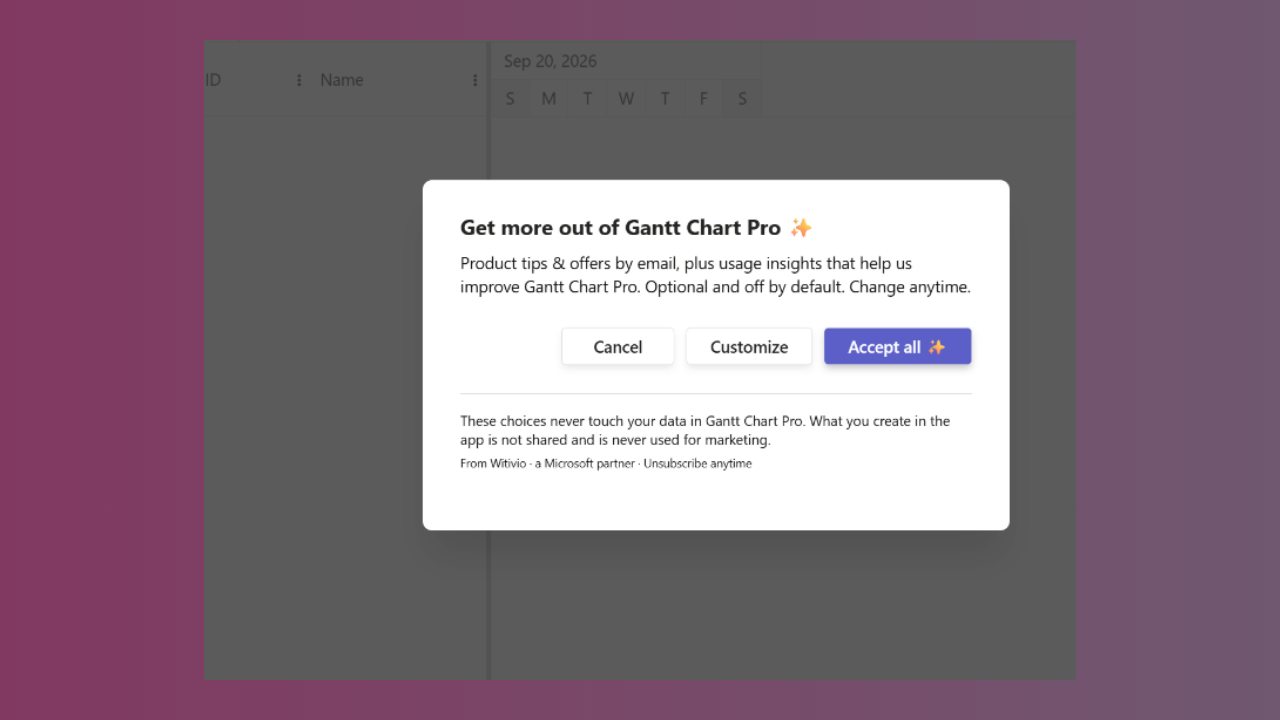 The Gantt Chart Pro privacy consent dialog on first use