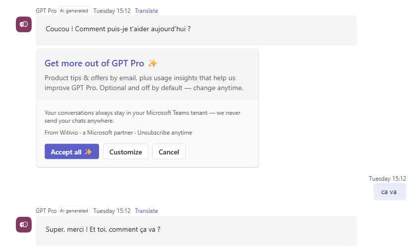 The GPT Pro privacy consent card, posted after an answer with Accept all, Customize and Cancel options