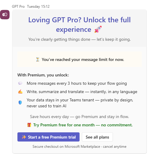 The GPT Pro upgrade card shown when you reach your message allowance, offering a free Premium trial