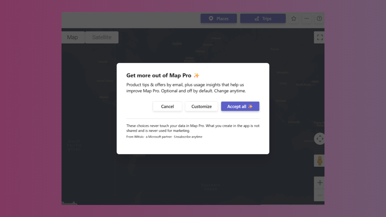The Map Pro privacy consent dialog on first use